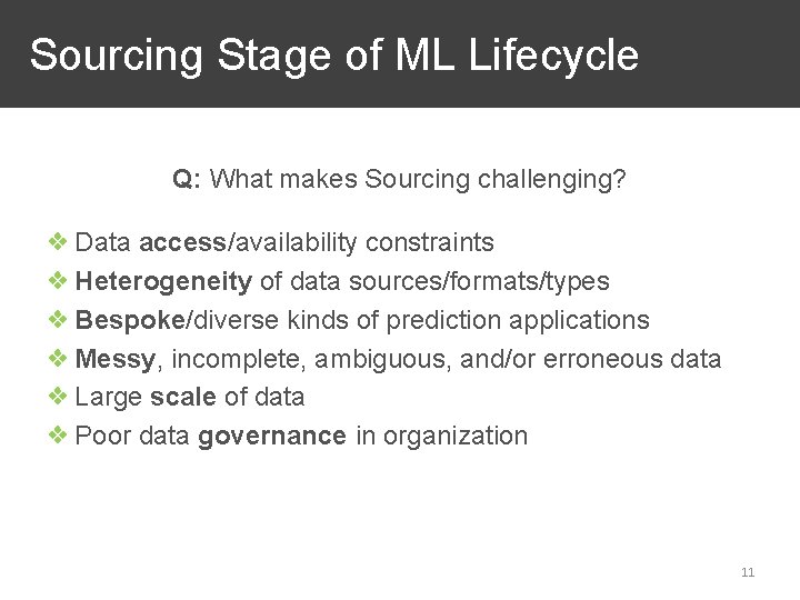  Sourcing Stage of ML Lifecycle Q: What makes Sourcing challenging? ❖ Data access/availability