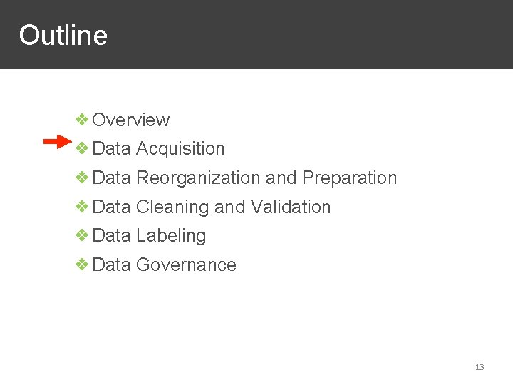  Outline ❖Overview ❖Data Acquisition ❖Data Reorganization and Preparation ❖Data Cleaning and Validation ❖Data