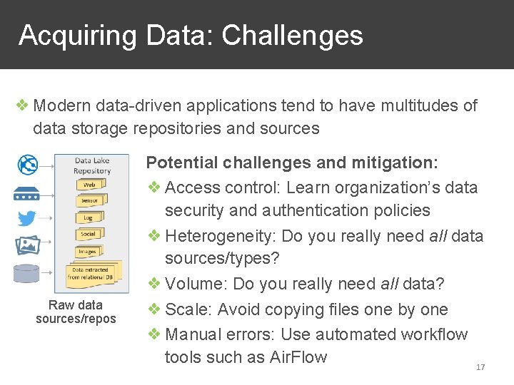  Acquiring Data: Challenges ❖ Modern data-driven applications tend to have multitudes of data