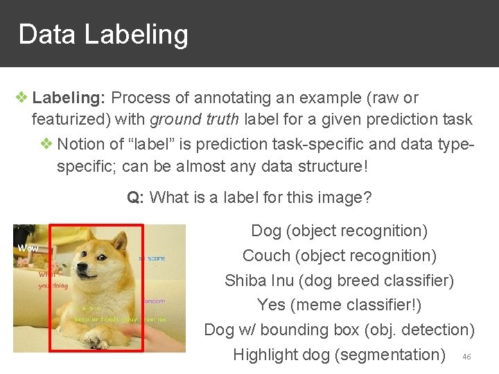  Data Labeling ❖ Labeling: Process of annotating an example (raw or featurized) with