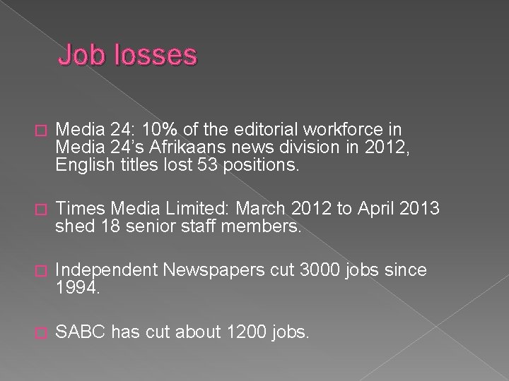 Job losses � Media 24: 10% of the editorial workforce in Media 24’s Afrikaans