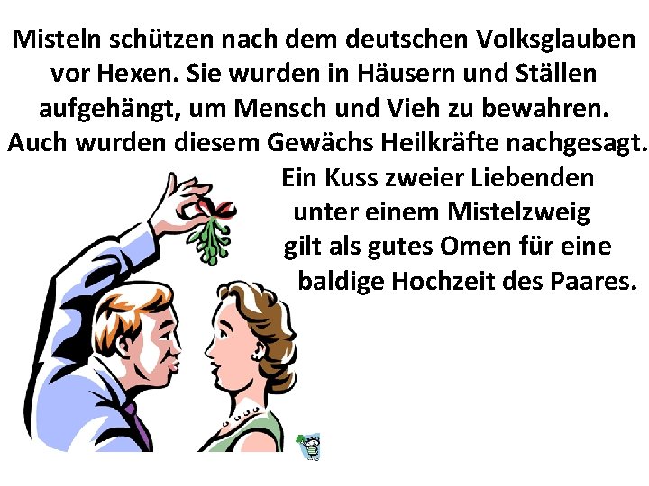 Misteln schützen nach dem deutschen Volksglauben vor Hexen. Sie wurden in Häusern und Ställen