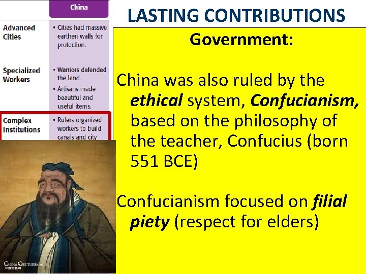 LASTING CONTRIBUTIONS Government: China was also ruled by the ethical system, Confucianism, based on