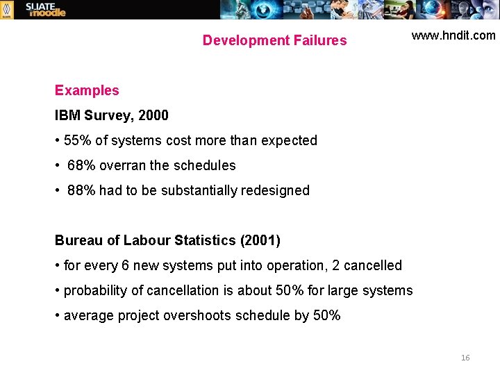 Development Failures www. hndit. com Examples IBM Survey, 2000 • 55% of systems cost