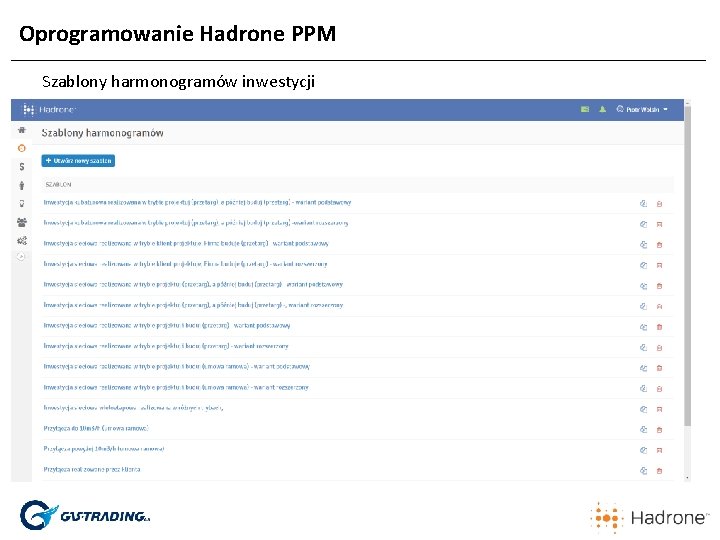 Oprogramowanie Hadrone PPM Szablony harmonogramów inwestycji 