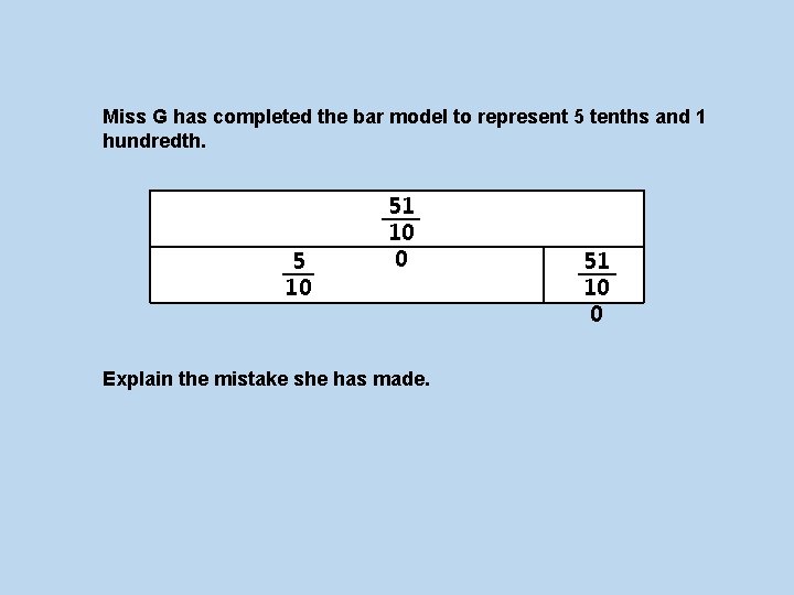 Miss G has completed the bar model to represent 5 tenths and 1 hundredth.