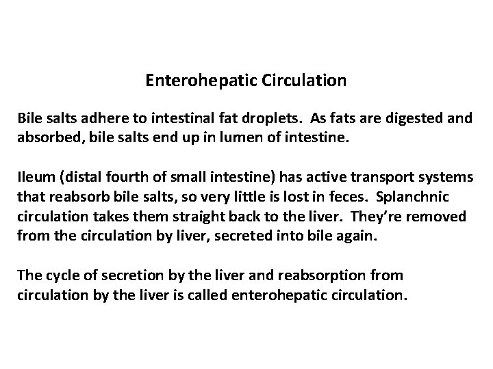 Enterohepatic Circulation Bile salts adhere to intestinal fat droplets. As fats are digested and