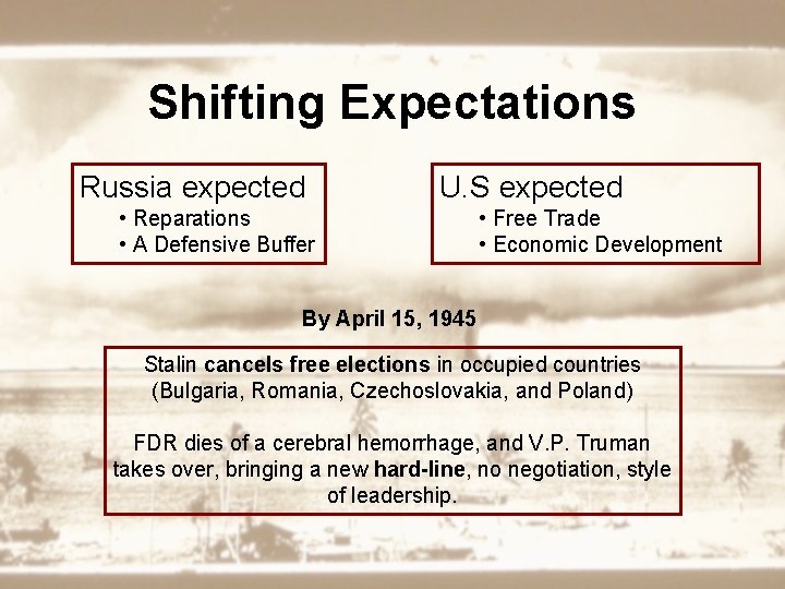 Shifting Expectations Russia expected U. S expected • Reparations • A Defensive Buffer •
