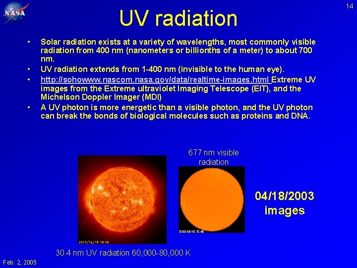 14 UV radiation • • Solar radiation exists at a variety of wavelengths, most
