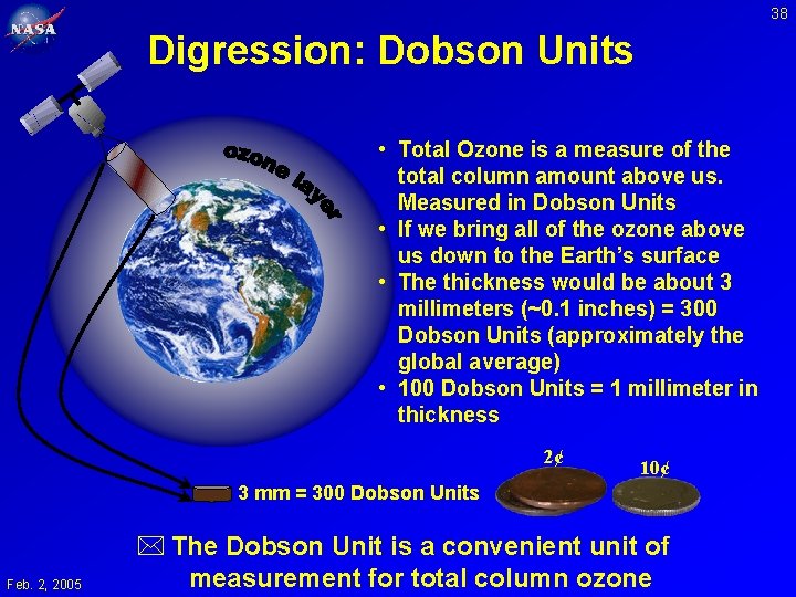 38 Digression: Dobson Units • Total Ozone is a measure of the total column