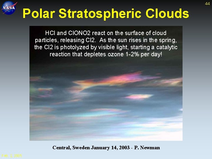 44 Polar Stratospheric Clouds HCl and Cl. ONO 2 react on the surface of