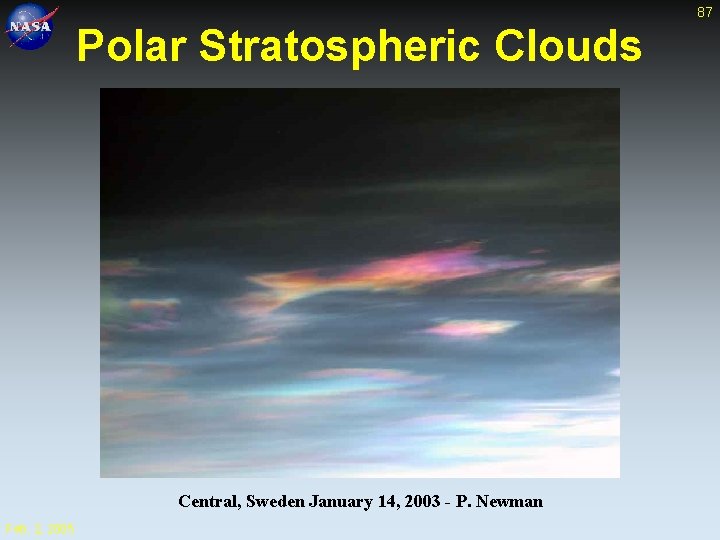 87 Polar Stratospheric Clouds Central, Sweden January 14, 2003 - P. Newman Feb. 2,