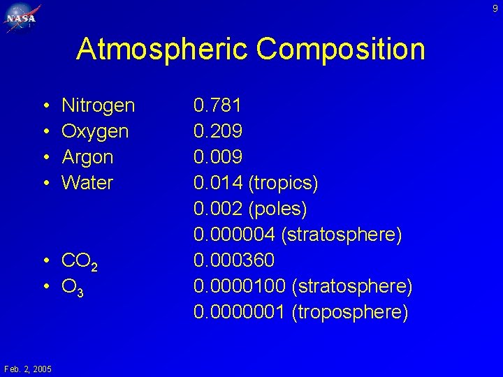 9 Atmospheric Composition • • Nitrogen Oxygen Argon Water • CO 2 • O