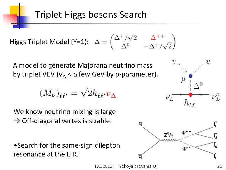 Triplet Higgs bosons Search Higgs Triplet Model (Y=1): A model to generate Majorana neutrino