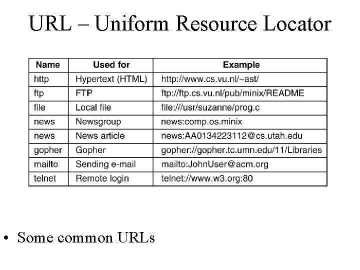 URL – Uniform Resource Locator • Some common URLs 