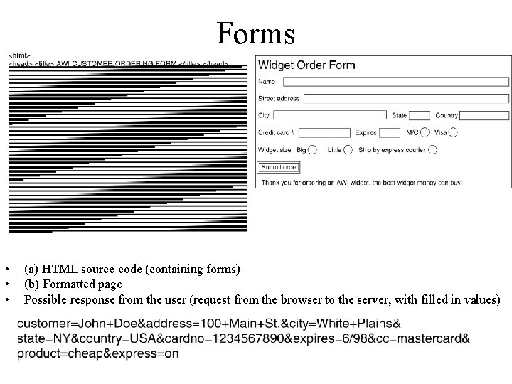 Forms • • • (a) HTML source code (containing forms) (b) Formatted page Possible