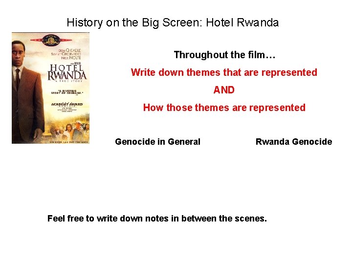 History on the Big Screen: Hotel Rwanda Throughout the film… Write down themes that