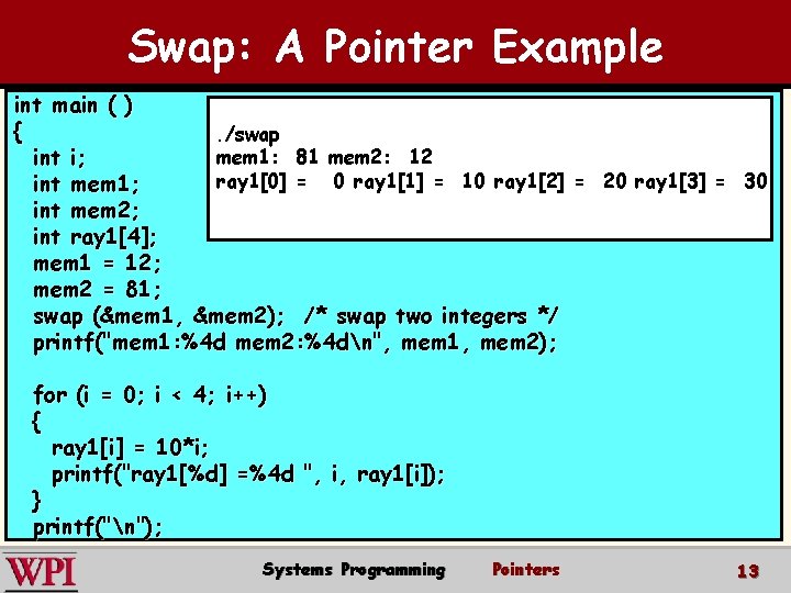 Swap: A Pointer Example int main ( ) {. /swap mem 1: 81 mem