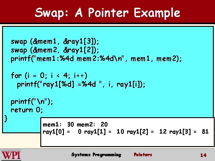 Swap: A Pointer Example swap (&mem 1, &ray 1[3]); swap (&mem 2, &ray 1[2]);