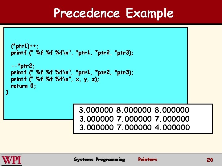 Precedence Example (*ptr 1)++; printf (" %f %f %fn", *ptr 1, *ptr 2, *ptr