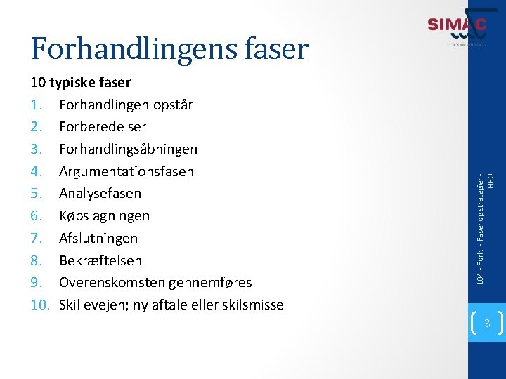 10 typiske faser 1. Forhandlingen opstår 2. Forberedelser 3. Forhandlingsåbningen 4. Argumentationsfasen 5. Analysefasen