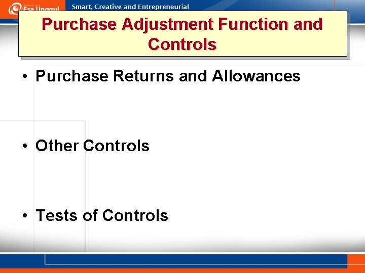 Purchase Adjustment Function and Controls • Purchase Returns and Allowances • Other Controls •