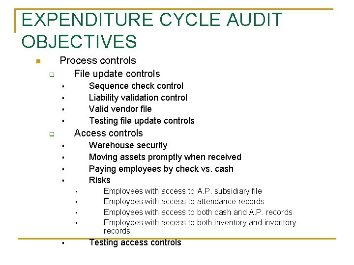 EXPENDITURE CYCLE AUDIT OBJECTIVES n q Process controls File update controls Sequence check control