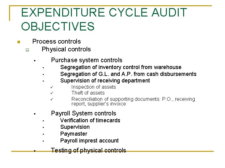 EXPENDITURE CYCLE AUDIT OBJECTIVES n q Process controls Physical controls Purchase system controls §