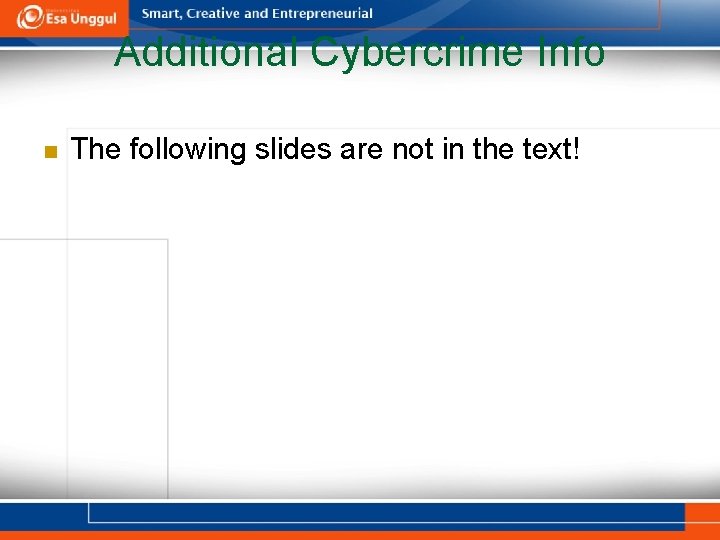 Additional Cybercrime Info n The following slides are not in the text! 