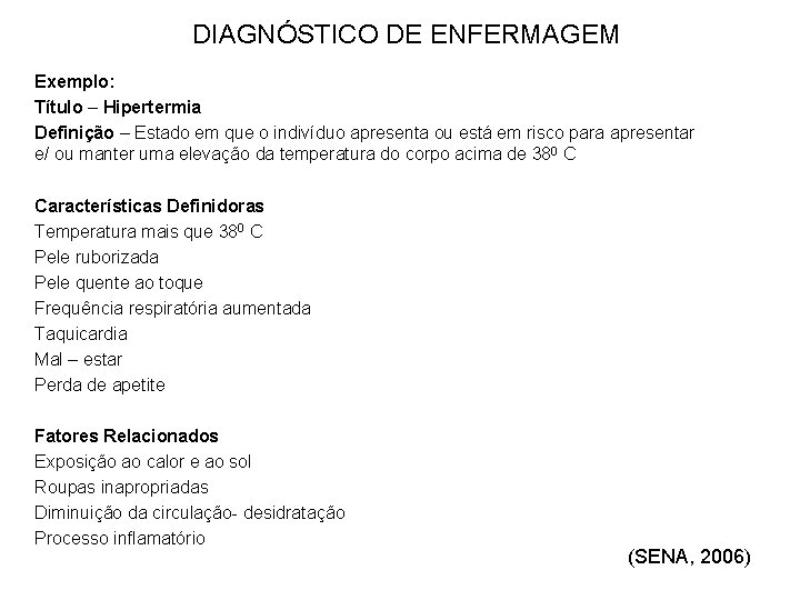 DIAGNÓSTICO DE ENFERMAGEM Exemplo: Título – Hipertermia Definição – Estado em que o indivíduo