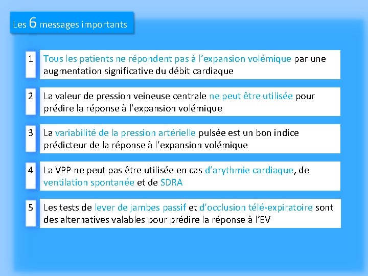 6 Les messages importants 1 Tous les patients ne répondent pas à l’expansion volémique