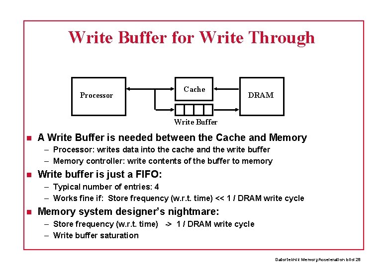Write Buffer for Write Through Processor Cache DRAM Write Buffer A Write Buffer is