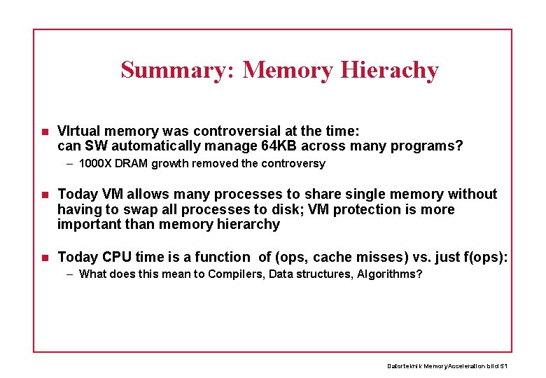 Summary: Memory Hierachy VIrtual memory was controversial at the time: can SW automatically manage