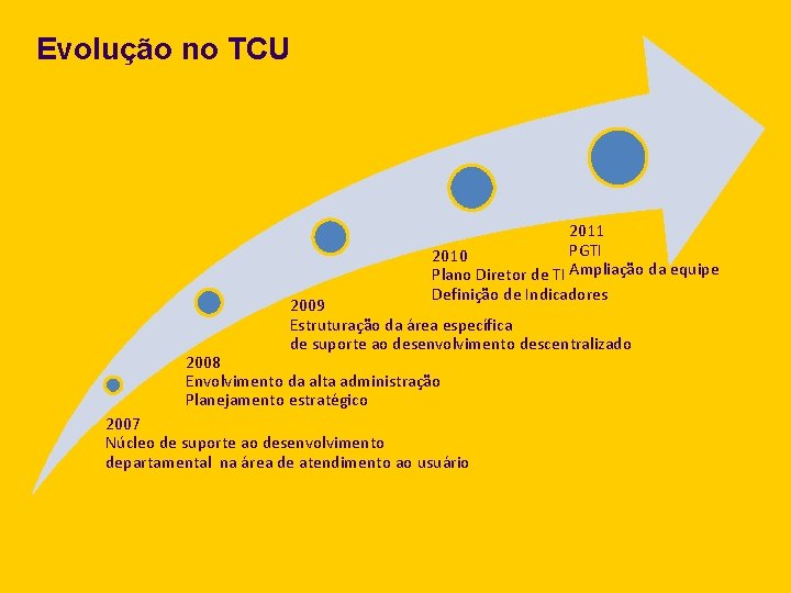 Evolução no TCU 2011 PGTI 2010 Plano Diretor de TI Ampliação da equipe Definição