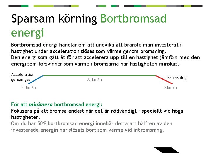 Sparsam körning Bortbromsad energi handlar om att undvika att bränsle man investerat i hastighet