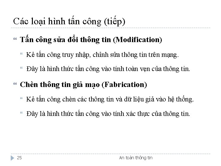 Các loại hình tấn công (tiếp) Tấn công sửa đổi thông tin (Modification) Kẻ