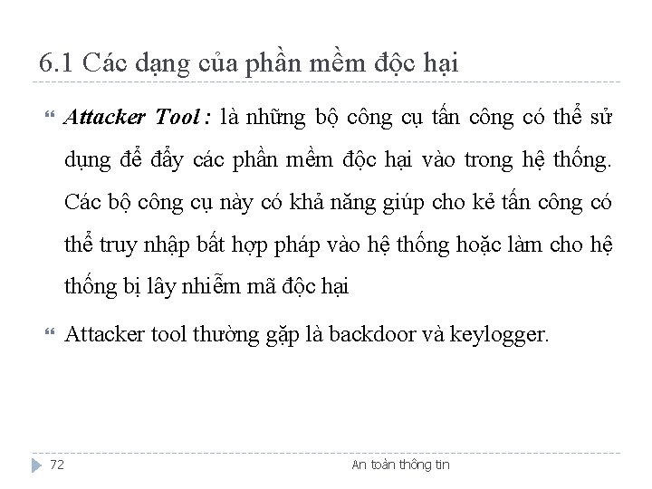 6. 1 Các dạng của phần mềm độc hại Attacker Tool : là những