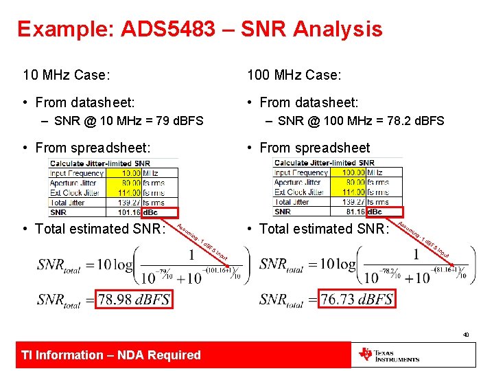 Example: ADS 5483 – SNR Analysis 10 MHz Case: 100 MHz Case: • From