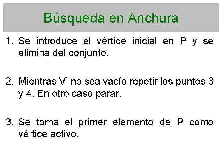Búsqueda en Anchura 1. Se introduce el vértice inicial en P y se elimina