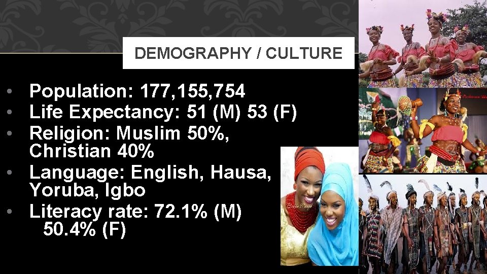 DEMOGRAPHY / CULTURE • Population: 177, 155, 754 • Life Expectancy: 51 (M) 53