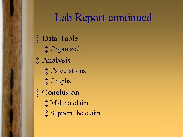 Lab Report continued ‡ Data Table ‡ Organized ‡ Analysis ‡ Calculations ‡ Graphs Lab Report continued ‡ Data Table ‡ Organized ‡ Analysis ‡ Calculations ‡ Graphs