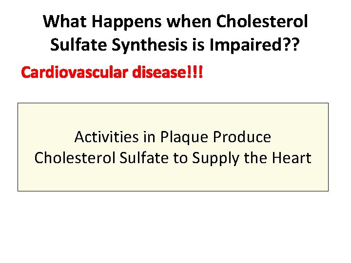 What Happens when Cholesterol Sulfate Synthesis is Impaired? ? Cardiovascular disease!!! Activities in Plaque