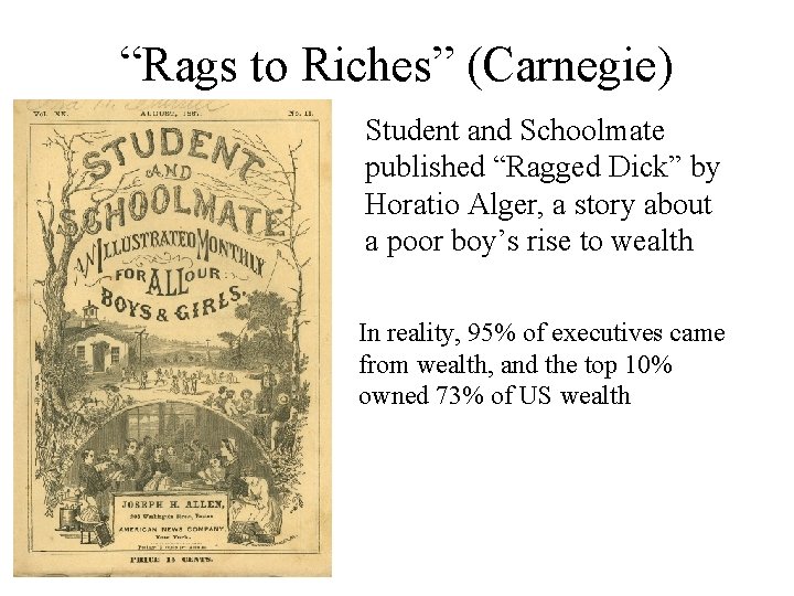 “Rags to Riches” (Carnegie) Student and Schoolmate published “Ragged Dick” by Horatio Alger, a