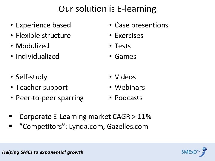 Our solution is E-learning • • Experience based Flexible structure Modulized Individualized • Self-study