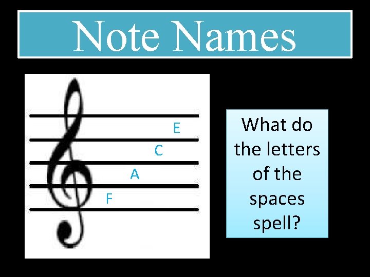 Note Names E C A F What do the letters of the spaces spell?