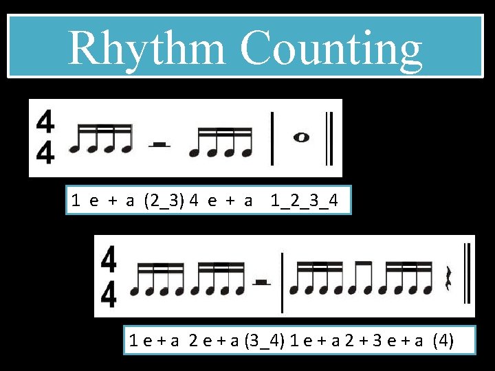 Rhythm Counting 1 e + a (2_3) 4 e + a 1_2_3_4 1 e