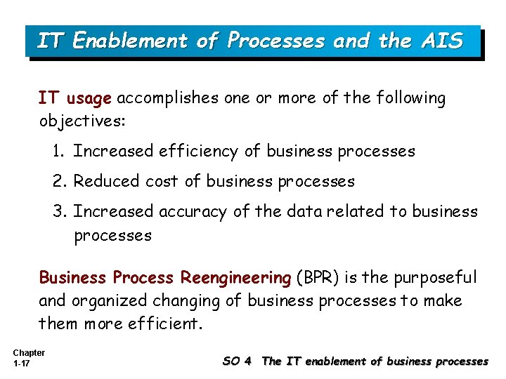 IT Enablement of Processes and the AIS IT usage accomplishes one or more of