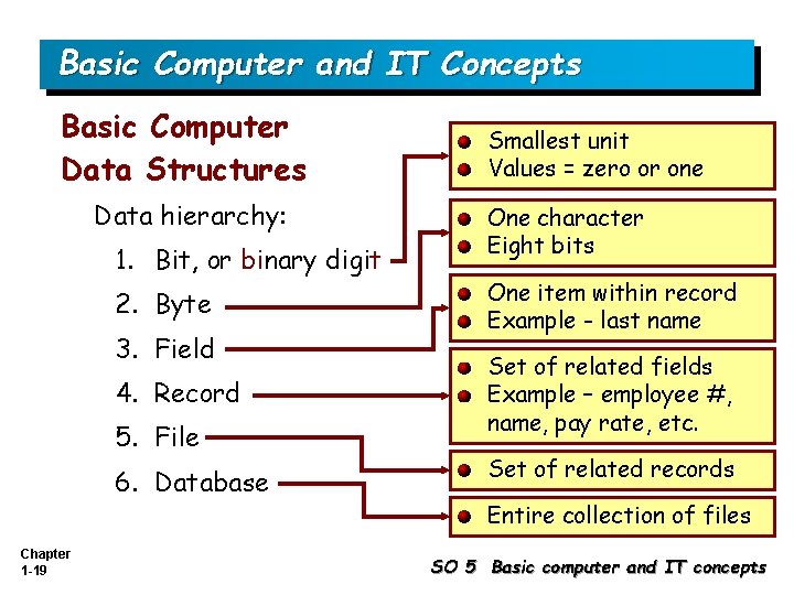 Basic Computer and IT Concepts Basic Computer Data Structures Data hierarchy: 1. Bit, or