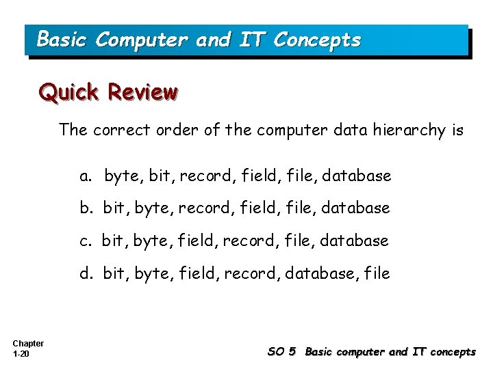Basic Computer and IT Concepts Quick Review The correct order of the computer data