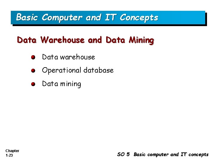 Basic Computer and IT Concepts Data Warehouse and Data Mining Data warehouse Operational database